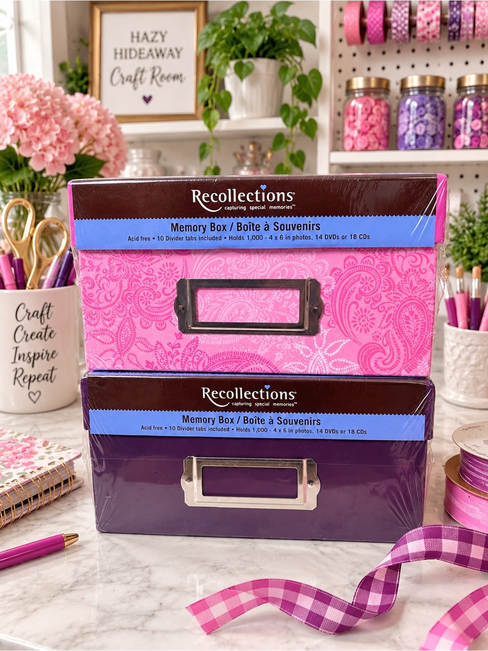 2- NIB Recollections Pink and Purple Memory Boxes Photo Storage 7.5x11.5 4.5” H
